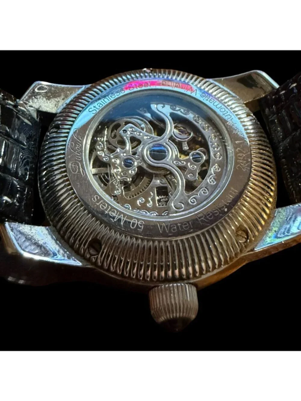 Luxury Duboule Automatic Skeleton Watch With Black Roman Dial & Leather Strap